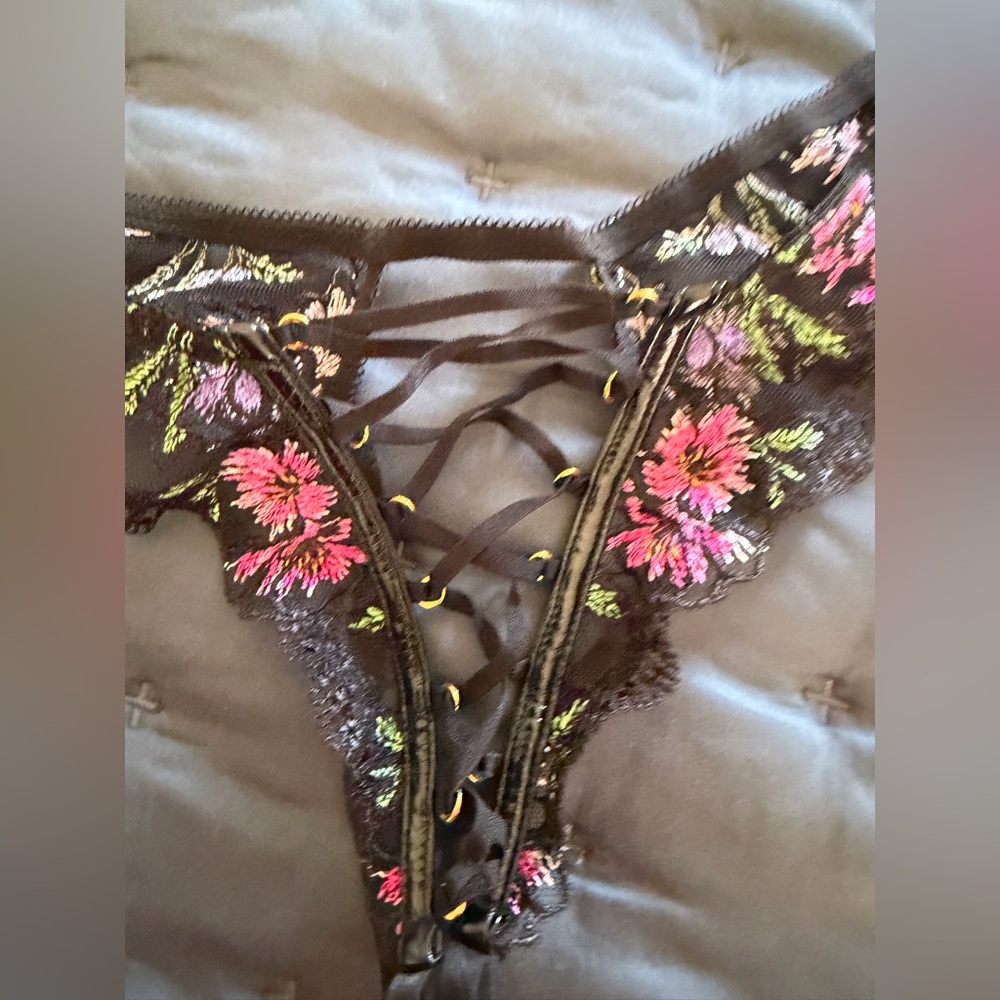 Victoria's Secret crotchless, sexy vintage Black Floral Lace-Up Panties